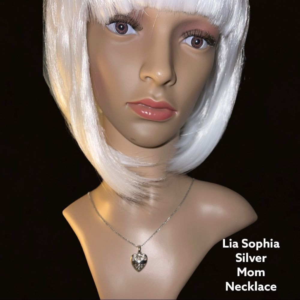 Lia Sophia silver heart necklace with “mom” in center!